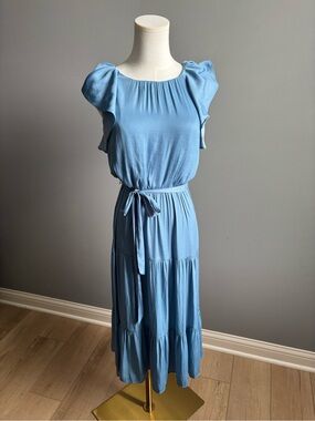LOFT Dusty Blue Tiered Midi Dress With Flutter Sleeves